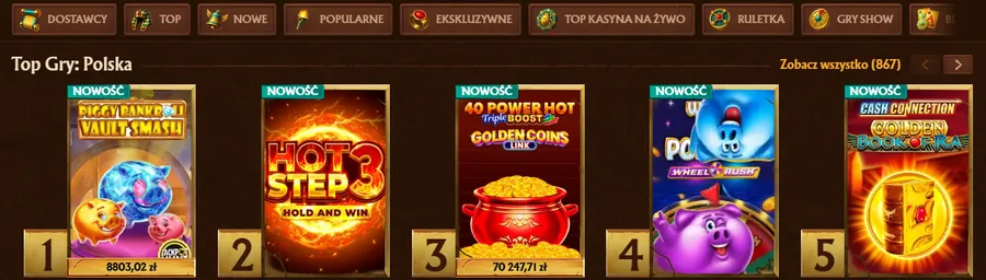 Casinia Casino – kategorie gier i ranking Top Gry: Polska z okładkami slotów