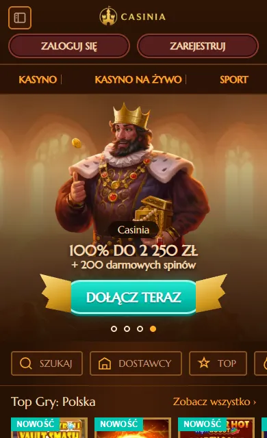 Casinia Casino Online w wersji mobilnej Casinia Casino Online na telefonie – ekran mobilny z banerem, kategoriami i top grami